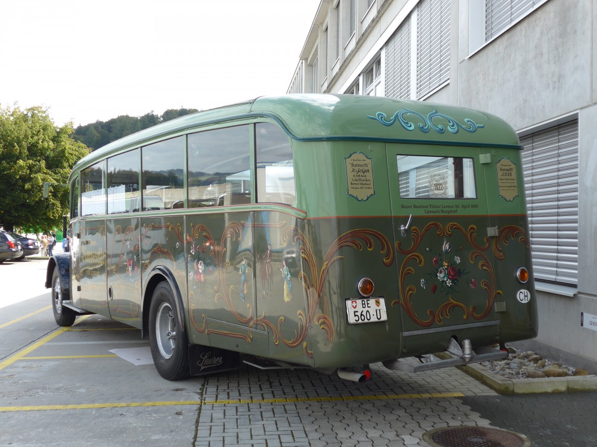 (154'514) - Lorenz, Lyssach - BE 560 U - Saurer/Saurer (ex Geiger, Adelboden Nr. 8; ex P 1997) am 30. August 2014 in Oberkirch, CAMPUS Sursee