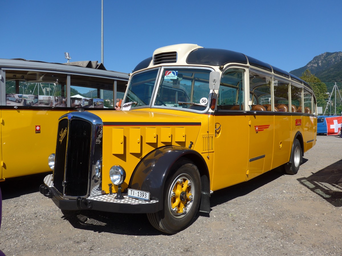 (155'184) - Barenco, Faido - TI 1393 - Saurer/R&J (ex Oldie-Reisen, Matzingen; ex M+79'506; ex P 23'139; ex P 2206) am 13. September 2014 in Lugano, Saurertreffen