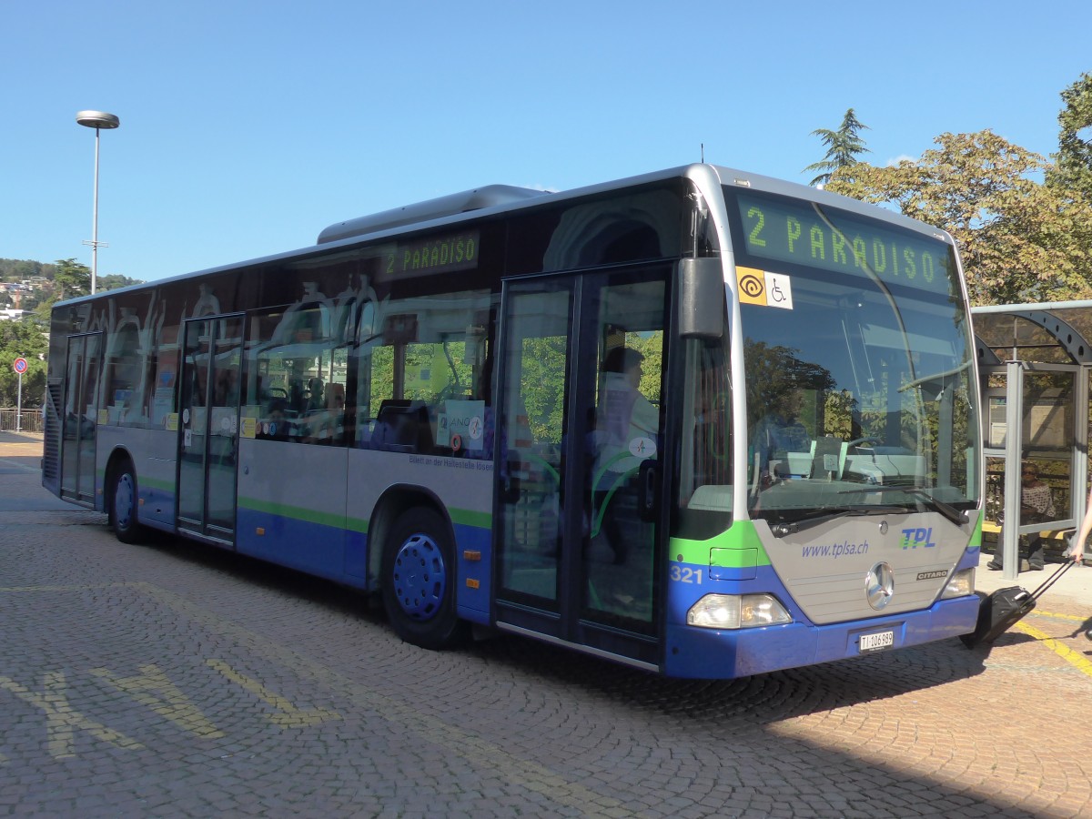 (155'240) - TPL Lugano - Nr. 321/TI 106'989 - Mercedes (ex Nr. 20) am 13. September 2014 beim Bahnhof Lugano