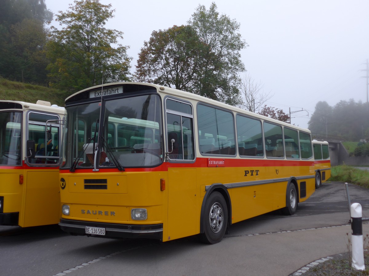 (155'614) - Schumacher, Liebefeld - BE 136'580 - Saurer/Tscher (ex Zimmermann, Niderwangen; ex P 24'289) am 12. Oktober 2014 in Kssnacht, Rest. Frohsinn