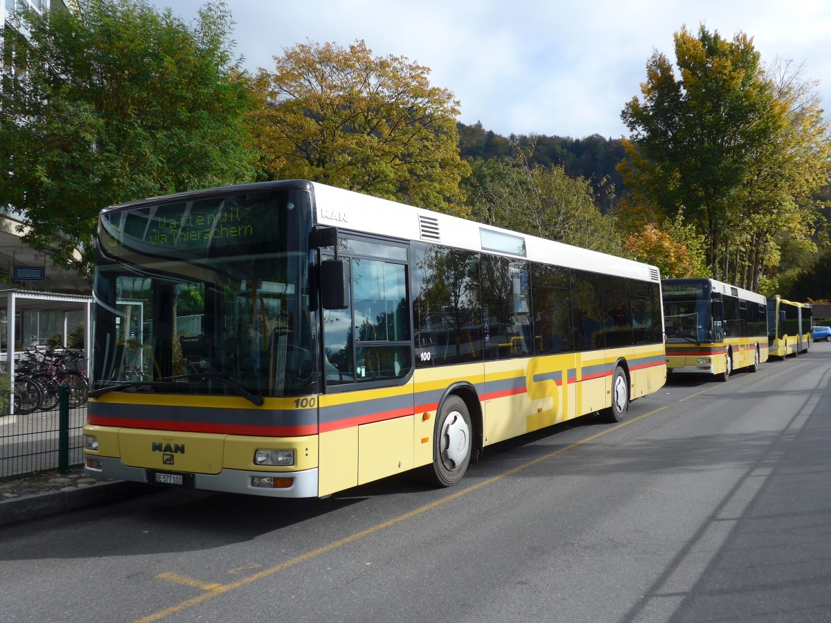 (156'130) - STI Thun - Nr. 100/BE 577'100 - MAN am 27. Oktober 2014 bei der Schifflndte Thun