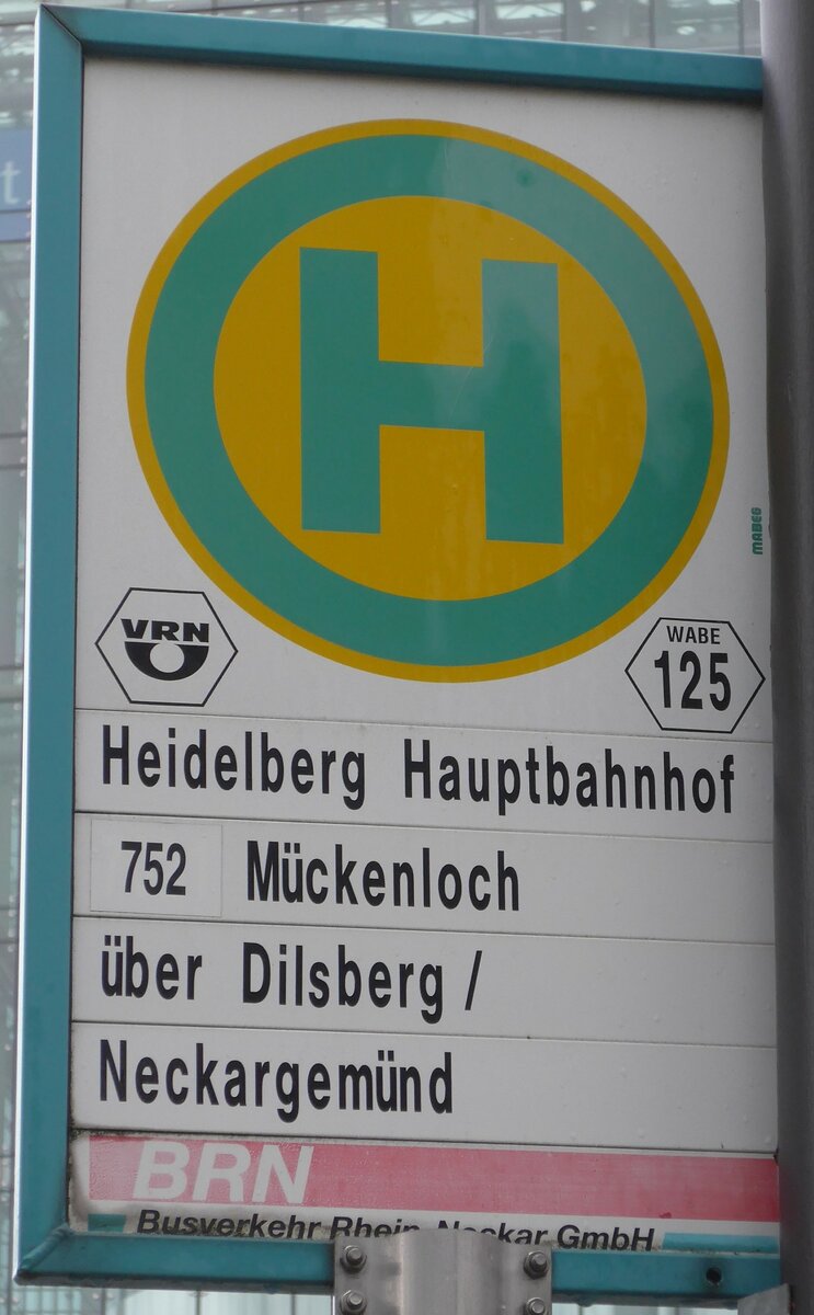 (156'529) - VRN/BRN-Haltestellenschild - Heidelberg, Hauptbahnhof - am 16. November 2014