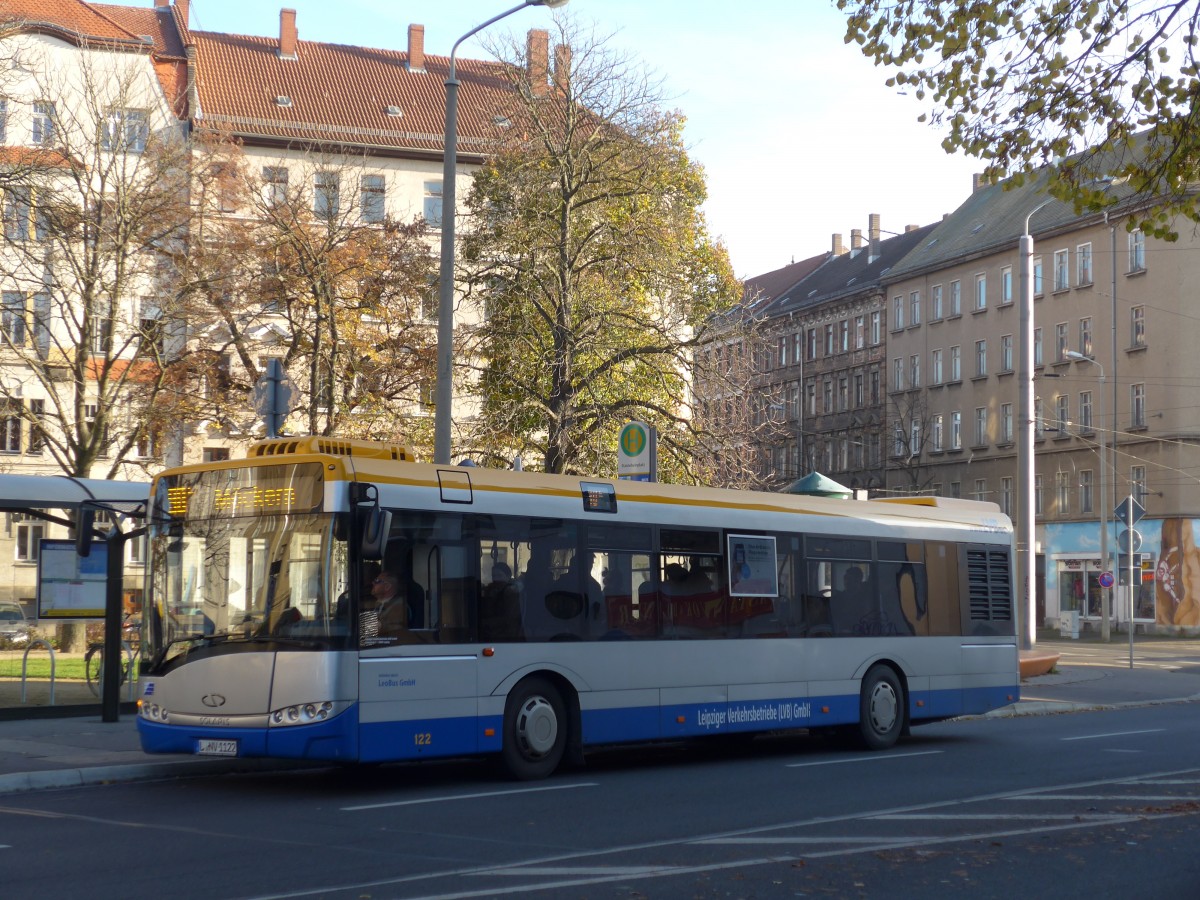 (156'558) - LeoBus, Leipzig - Nr. 122/L-NV 1122 - Solaris am 17. November 2014 in Leipzig, Stannebeinplatz