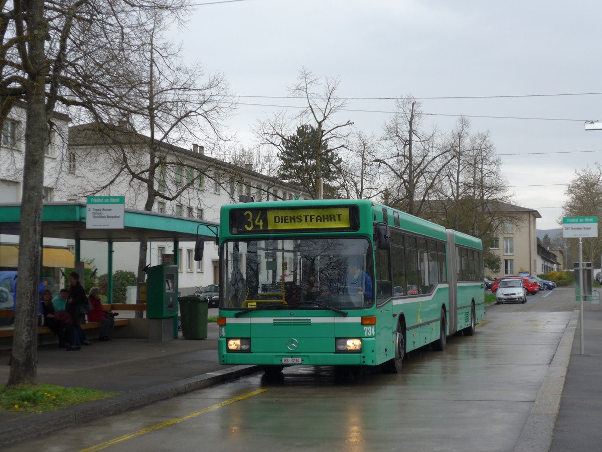 (159'780) - BVB Basel - Nr. 734/BS 3234 - Mercedes (ex VAG Freiburg/D Nr. 933) am 11. April 2015 in Riehen, Friedhof am Hrnli