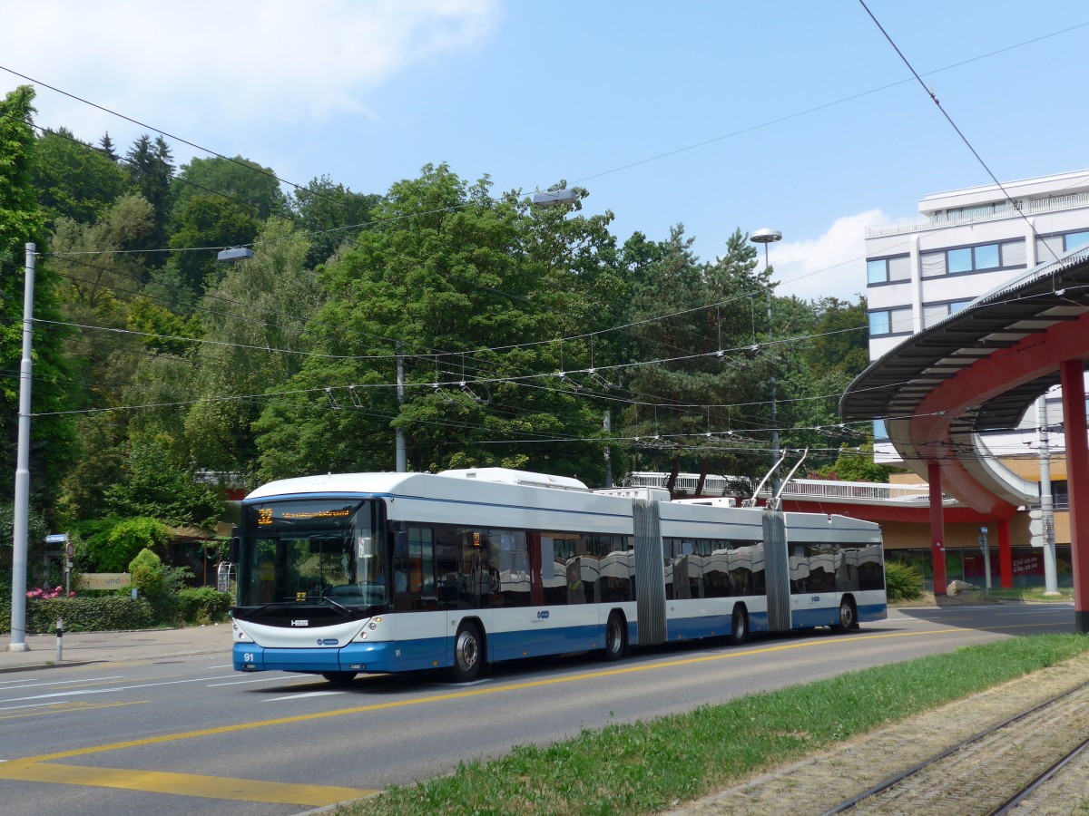 (162'956) - VBZ Zrich - Nr. 91 - Hess/Hess Doppelgelenktrolleybus am 6. Juli 2015 in Zrich, Bucheggplatz