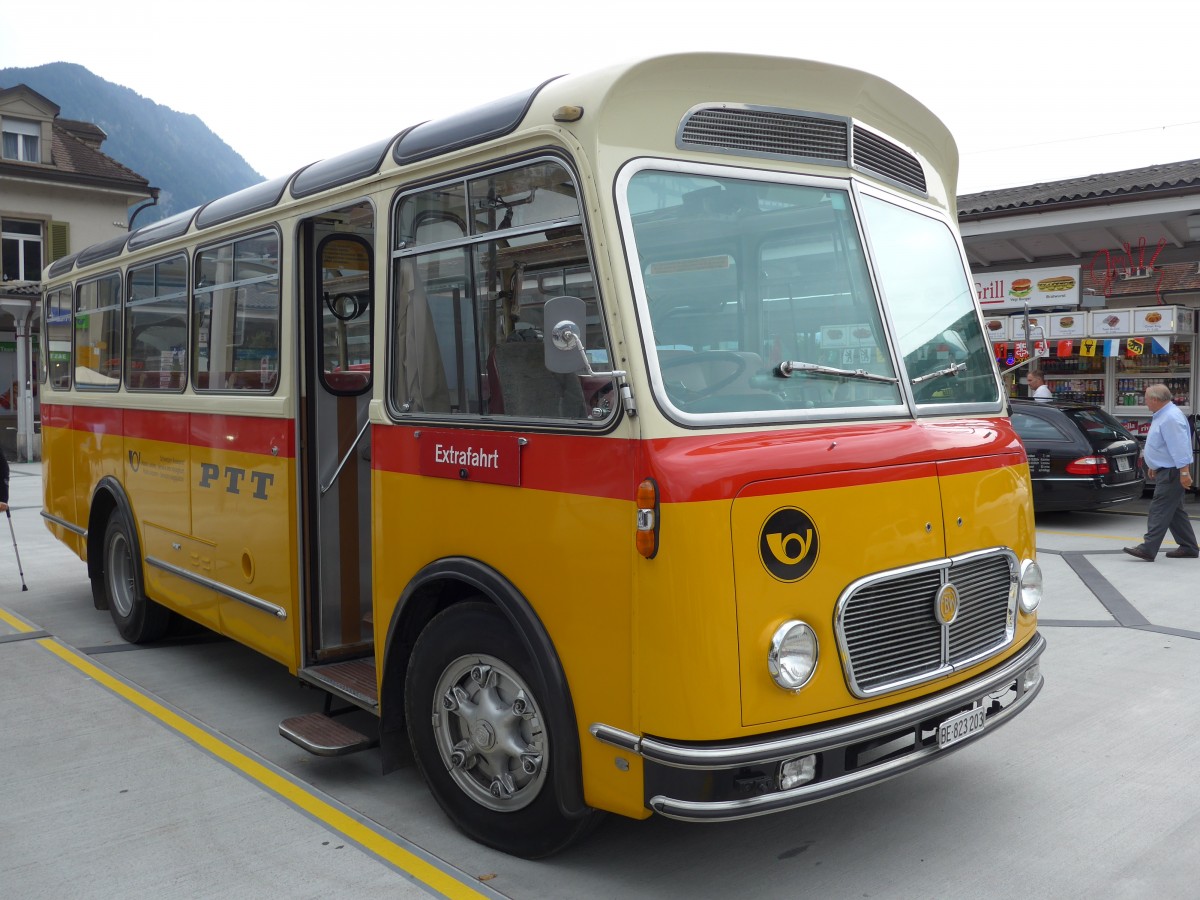 (163'848) - Rentsch, Gunten - BE 823'203 - FBW/Gangloff (ex P 23'203; ex P 21'003) am 23. August 2015 beim Bahnhof Interlaken West