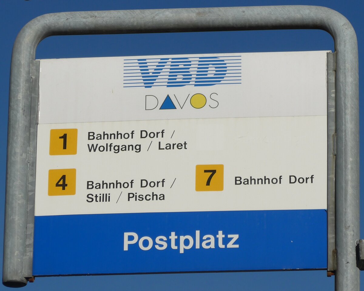 (167'811) - VBD-Haltestellenschild - Davos, Postplatz - am 19. Dezember 2015