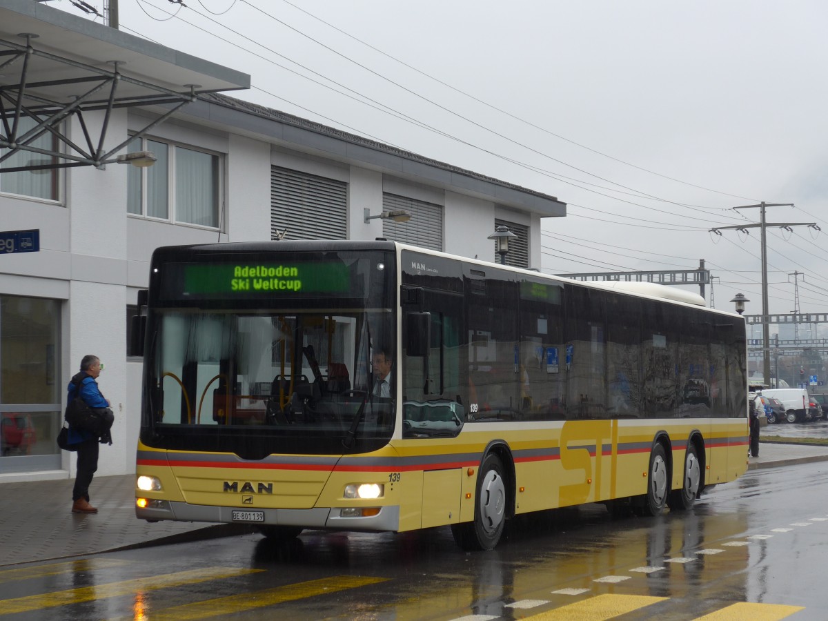 (168'335) - STI Thun - Nr. 139/BE 801'139 - MAN am 9. Januar 2016 beim Bahnhof Frutigen