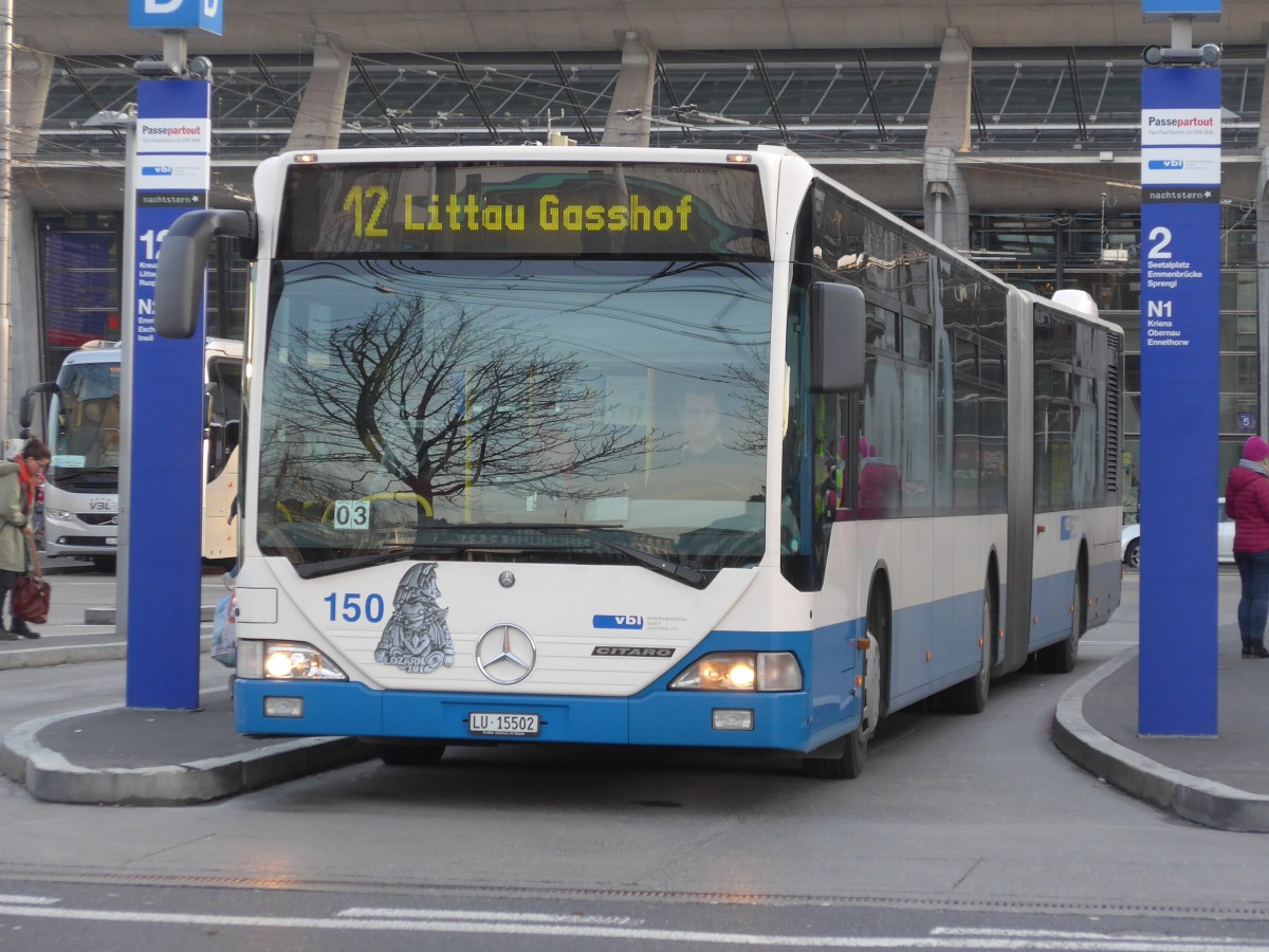 (168'688) - VBL Luzern - Nr. 150/LU 15'502 - Mercedes (ex Heggli, Kriens Nr. 712) am 6. Februar 2016 beim Bahnhof Luzern