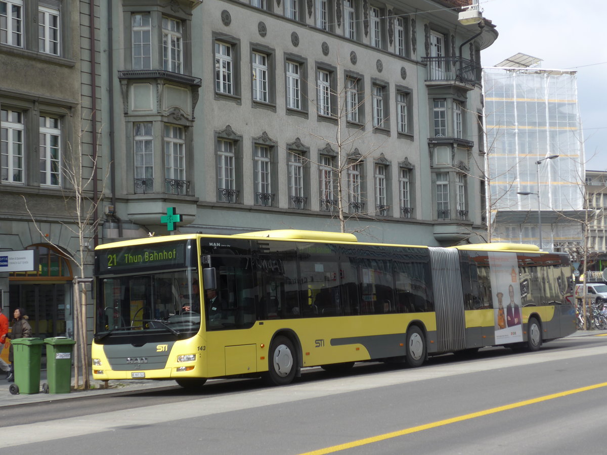 (169'253) - STI Thun - Nr. 143/BE 801'143 - MAN am 16. Mrz 2016 in Thun, Bahnhofstrasse