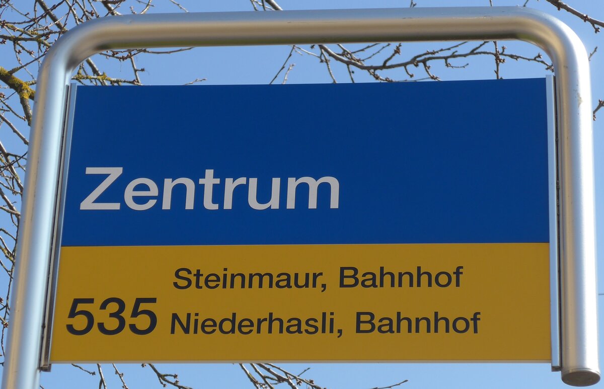 (169'329) - ZVV/PostAuto-Haltestellenschild - Stadel, Zentrum - am 19. Mrz 2016