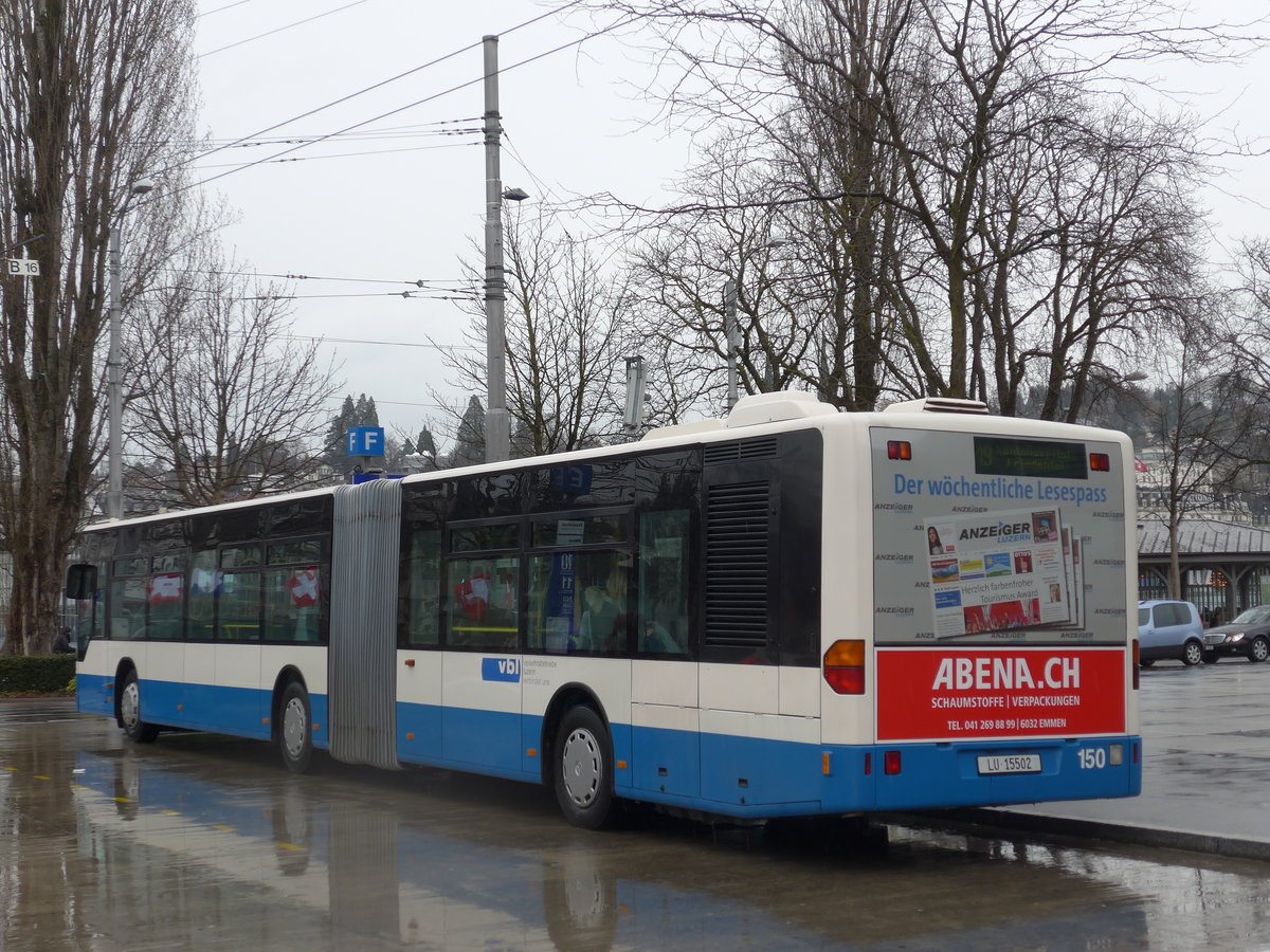 (169'480) - VBL Luzern - Nr. 150/LU 15'502 - Mercedes (ex Heggli, Kriens Nr. 712) am 25. Mrz 2016 beim Bahnhof Luzern