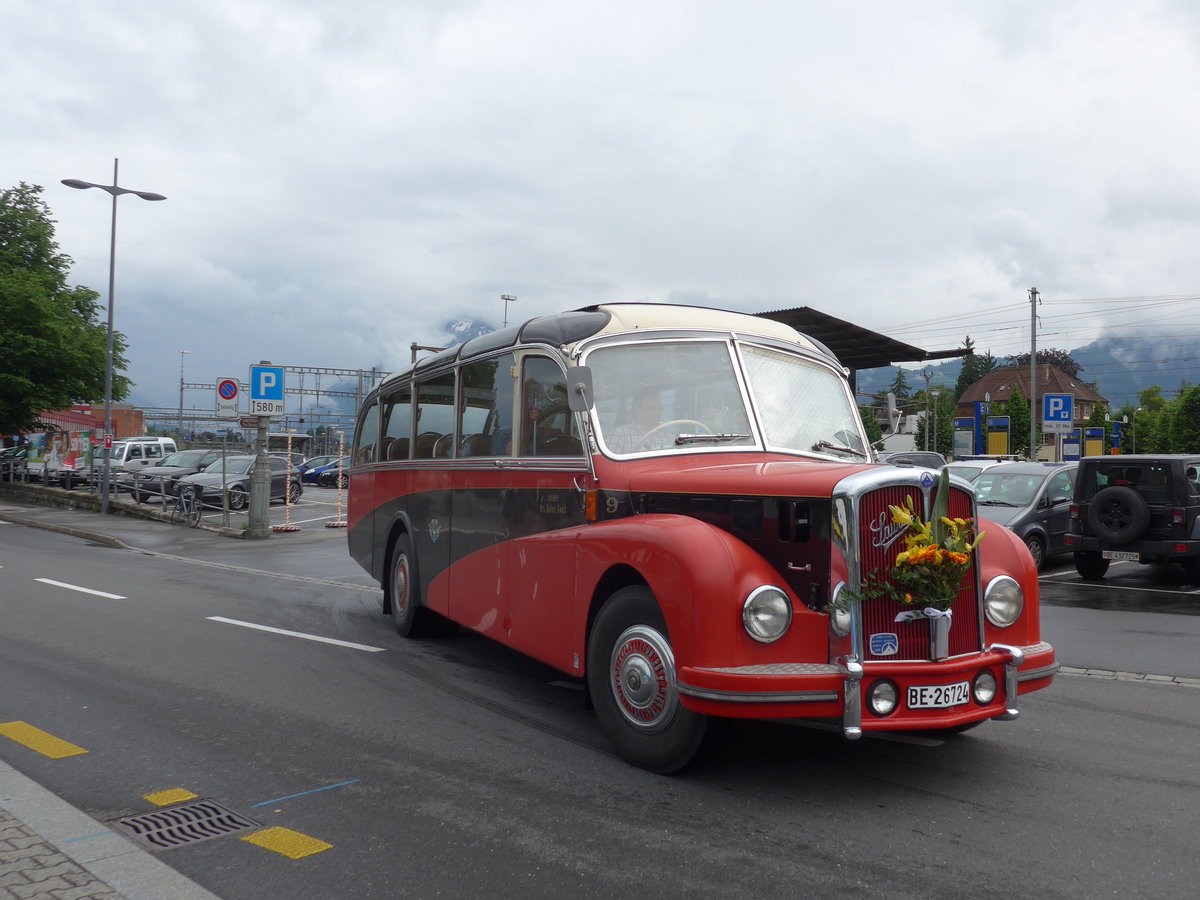 (171'760) - Gafner, Gwatt - Nr. 9/BE 26'724 - Saurer/R&J (ex ASKA Aeschi Nr. 9) am 12. Juni 2016 beim Bahnhof Thun