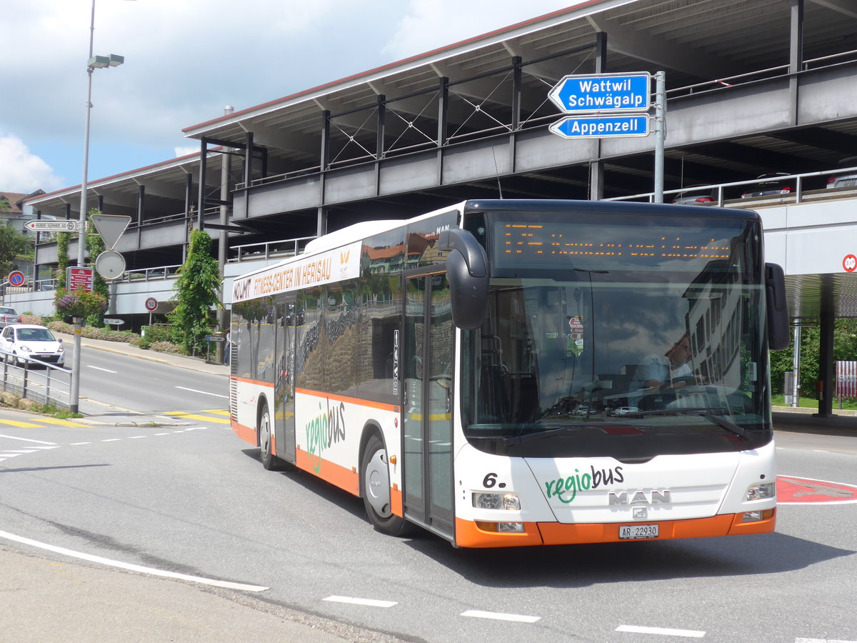 (172'602) - VBH Herisau - Nr. 6/AR 22'930 - MAN am 27. Juni 2016 beim Bahnhof Herisau