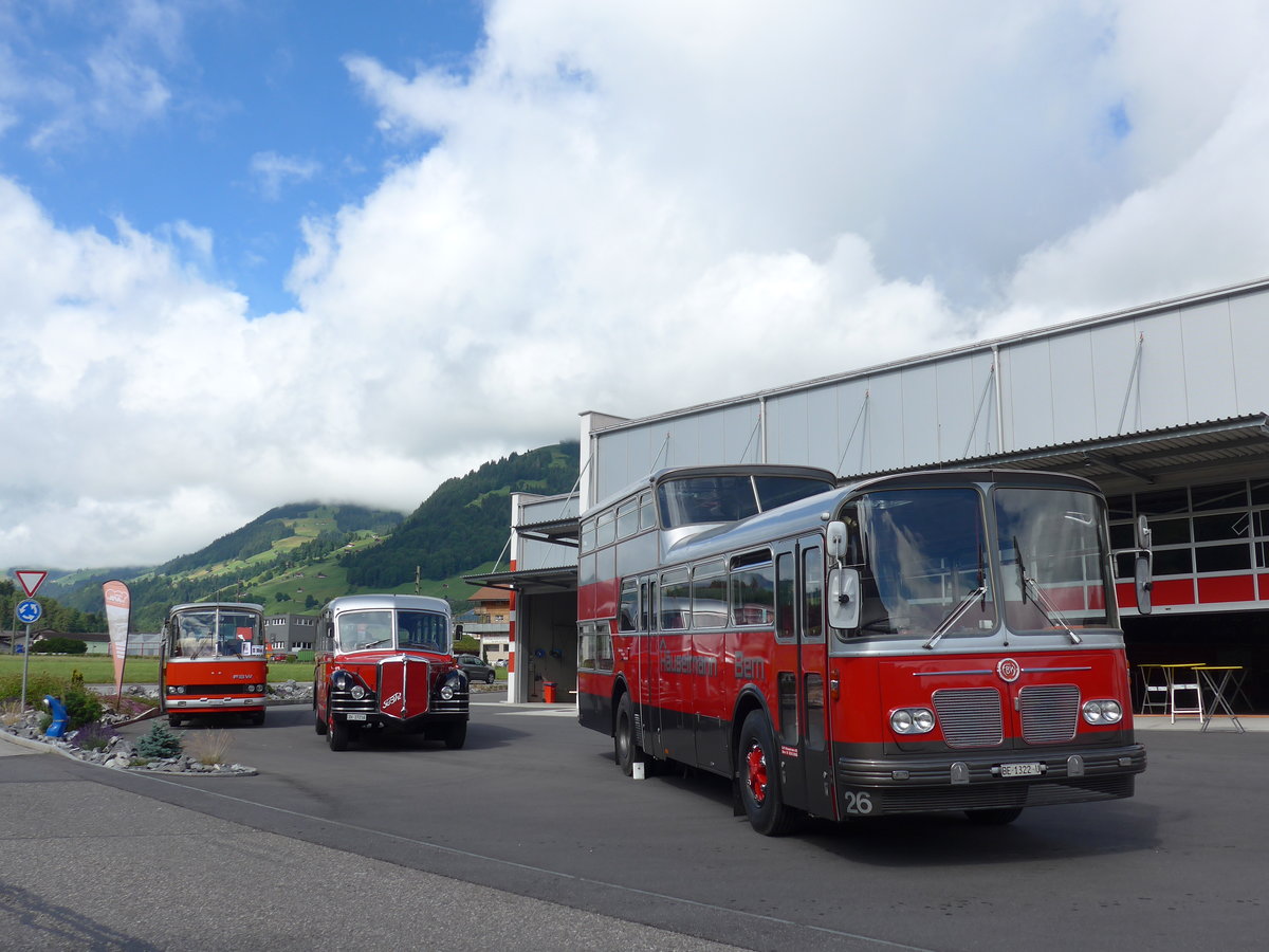 (181'622) - FBW-Club, Mnnedorf - ZH 123'180 - FBW/R&J (ex Tiemann, Oetwil Nr. 19; ex West, Brittnau; ex Wespe, Altsttten; ex AFA Adelboden Nr. 19) + Meier, Grt - Nr. 12/ZH 27'216 - FBW/R&J (ex Wespe, Altsttten; ex AFA Adelboden Nr. 19) + Meier, Grt - Nr. 12/ZH 27'216 - FBW/R&J (ex Wespe, Altsttten; ex AFA Adelboden Nr. 12) + Huselmann, Bern - Nr. 26/BE 1322 U - FBW/Vetter-R&J (ex AFA Adelboden Nr. 9) am 1. Juli 2017 in Frutigen, Garage