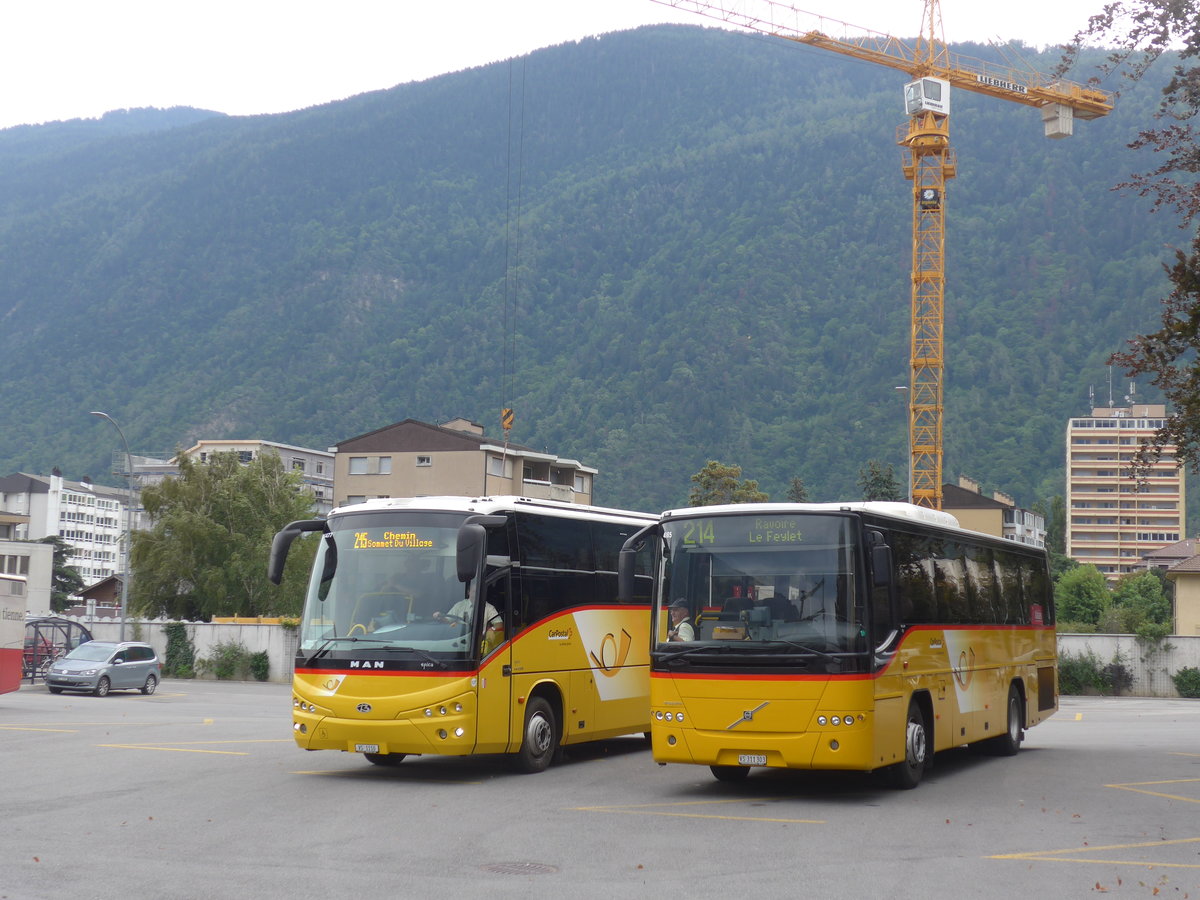 (184'014) - TMR Martigny - Nr. 140/VS 311'303 - Volvo am 24. August 2017 beim Bahnhof Martigny