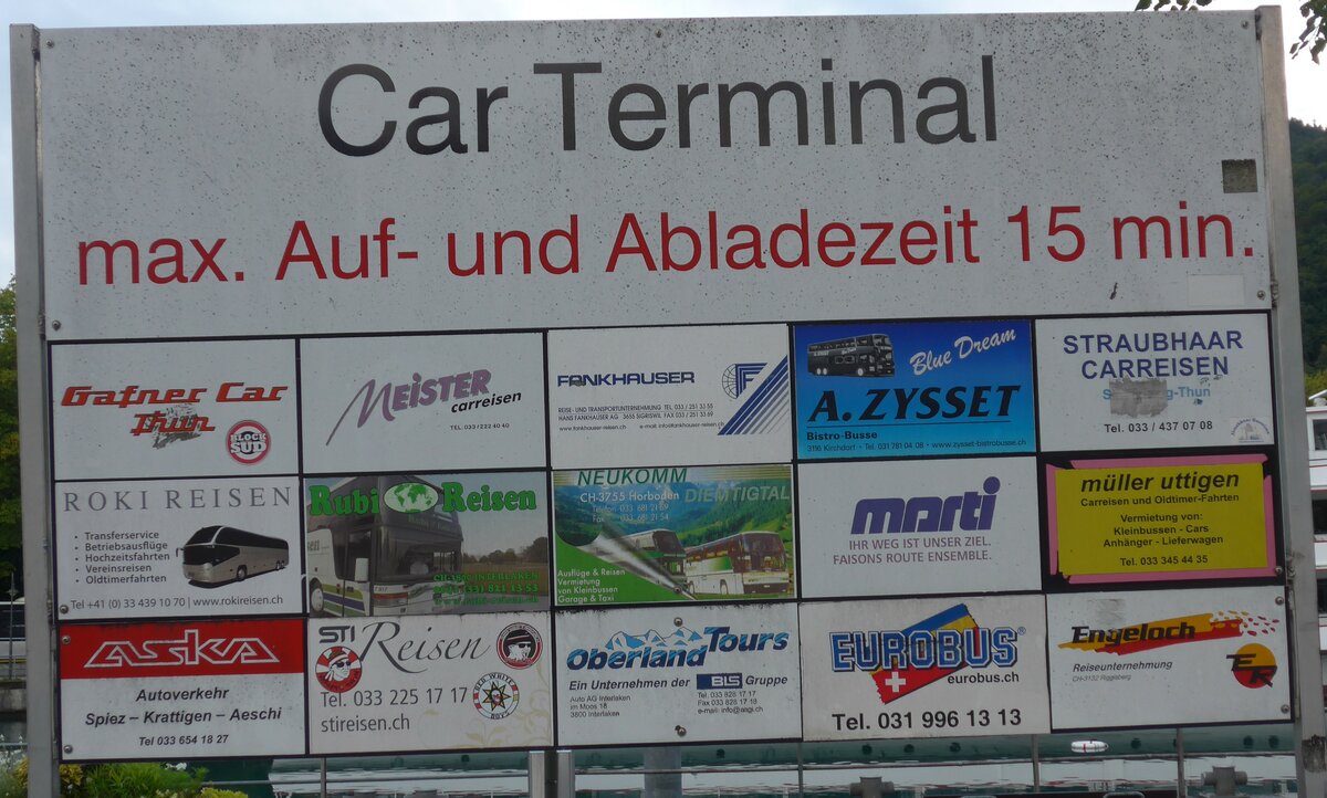 (184'703) - Plakat fr Gafner Car Thun, Meister Carreisen, Fankhauser, A. Zysset, Straubhaar Carreisen, Roki Reisen, Rubi Reisen, Neukomm, Marti, Mller Uttigen, ASKA, STI Reisen, Oberland Tours, Eurobus und Engeloch am 10. September 2017 in Thun, CarTerminal