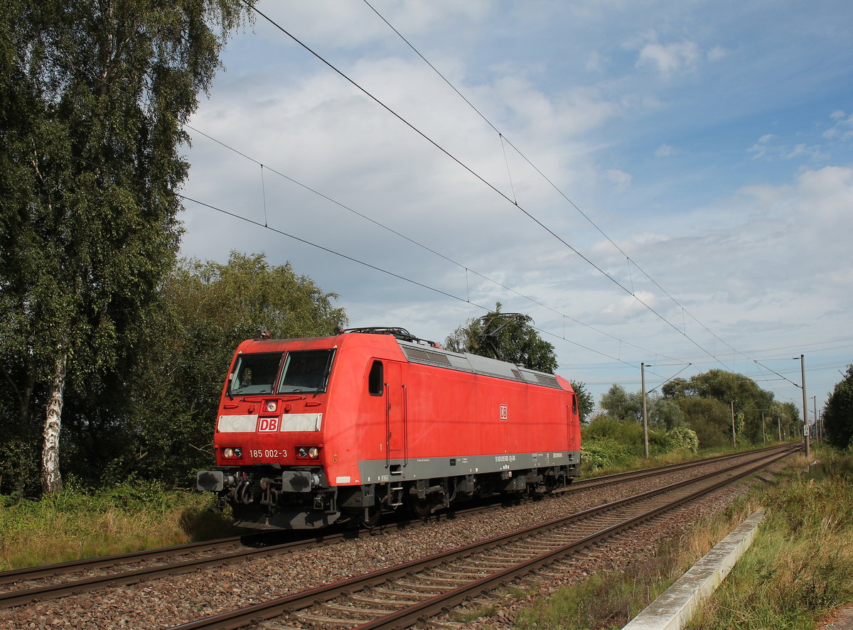 185 002-3 aus dem Hamburger Hafen kommend. Aufgenommen am 2. September 2016 bei Hamburg-Moorburg.