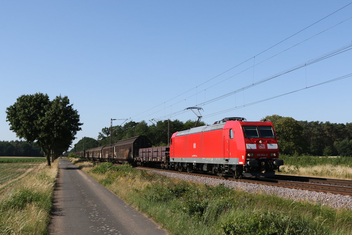 185 064 mit einem gemischten Gterzug am 26. Juni 20220 bei Drverden.