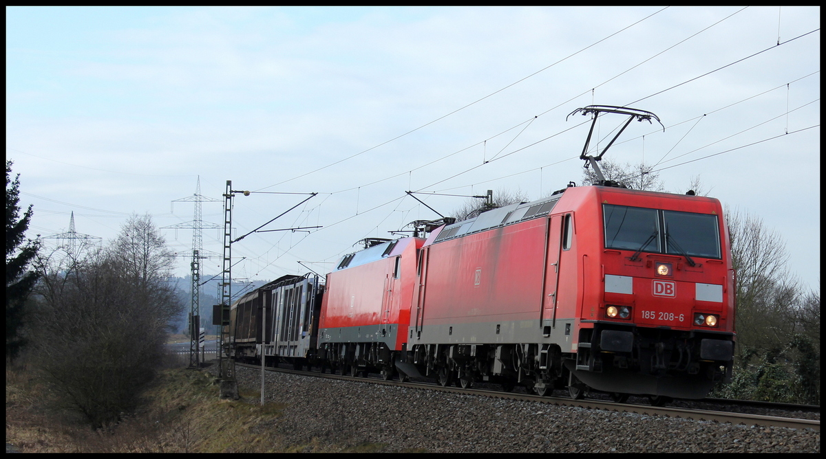 185 208 und 152 028 mit Güterzug am 26.02.15 bei Kerzell