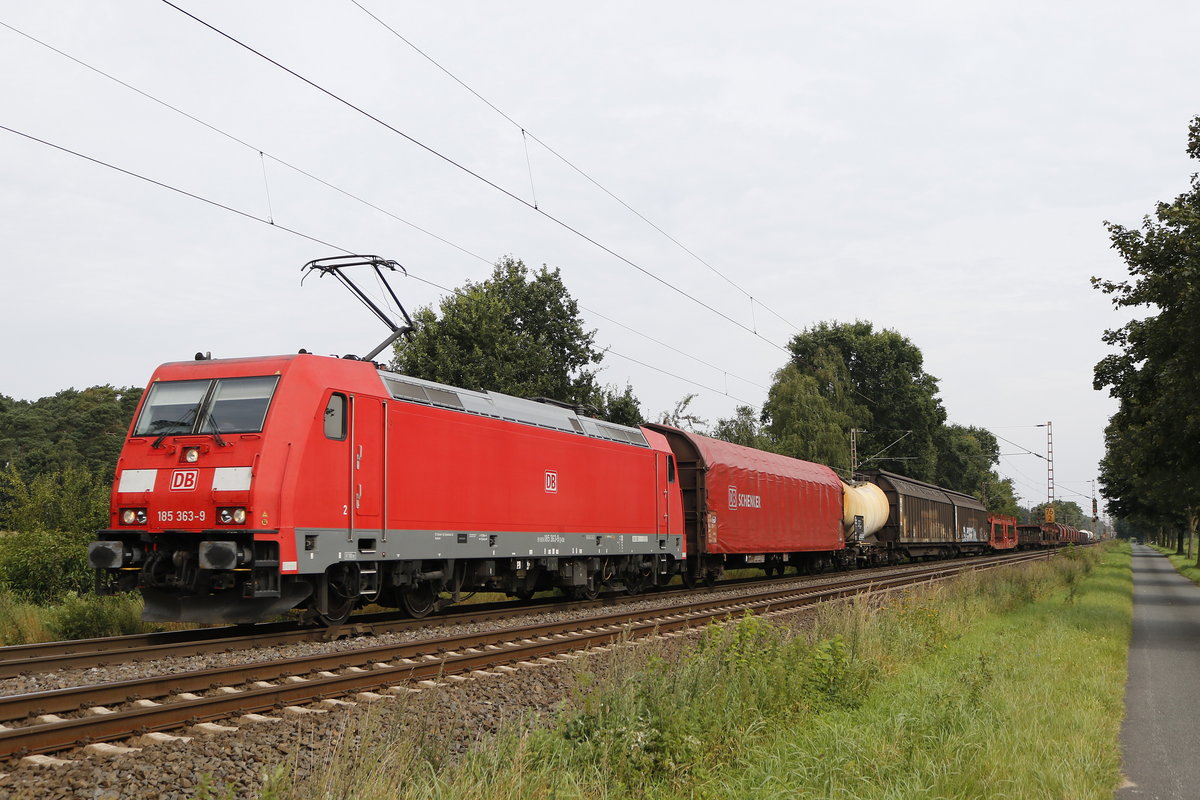 185 363-9 mit einem gemischten Gterzug am 17. August 2017 bei Drverden.