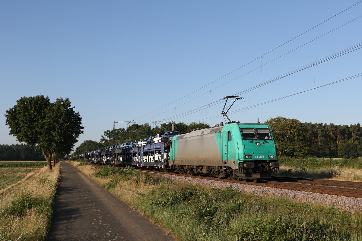 185 612 war am 26. Juni 2020 bei Drverden mit einem Autozug in Richtung Bremen unterwegs.