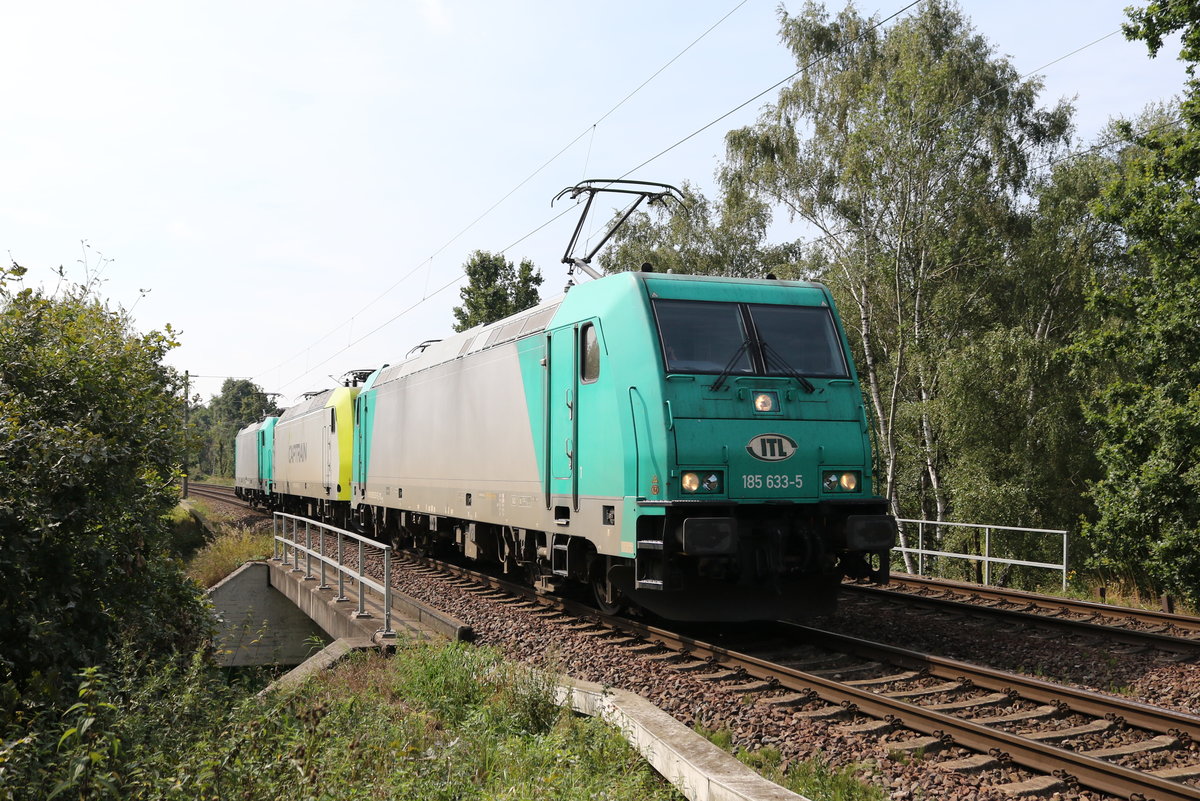 185 633, 145 094 und 186 xxx waren am 30. August 2019 bei Hamburg-Moorburg in Richtung Hafen unterwegs.