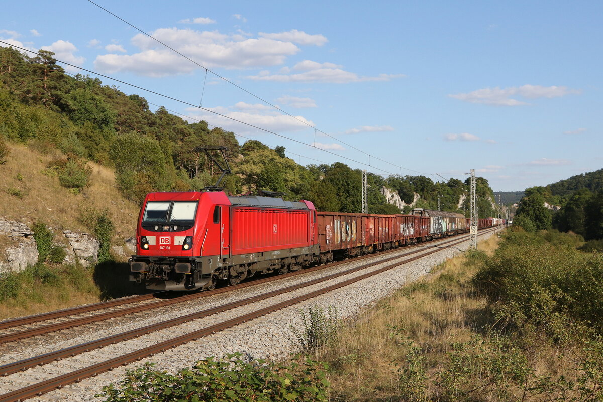 187 191 mit einem gemischten Gterzug am 9. August 2022 bei Hagenacker.