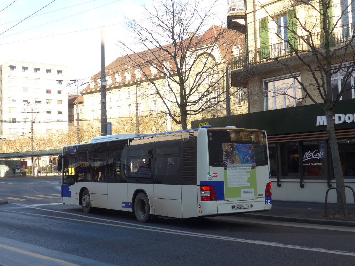 (187'131) - TL Lausanne - Nr. 315/VD 556'537 - MAN am 23. Dezember 2017 in Lausanne, Chauderon