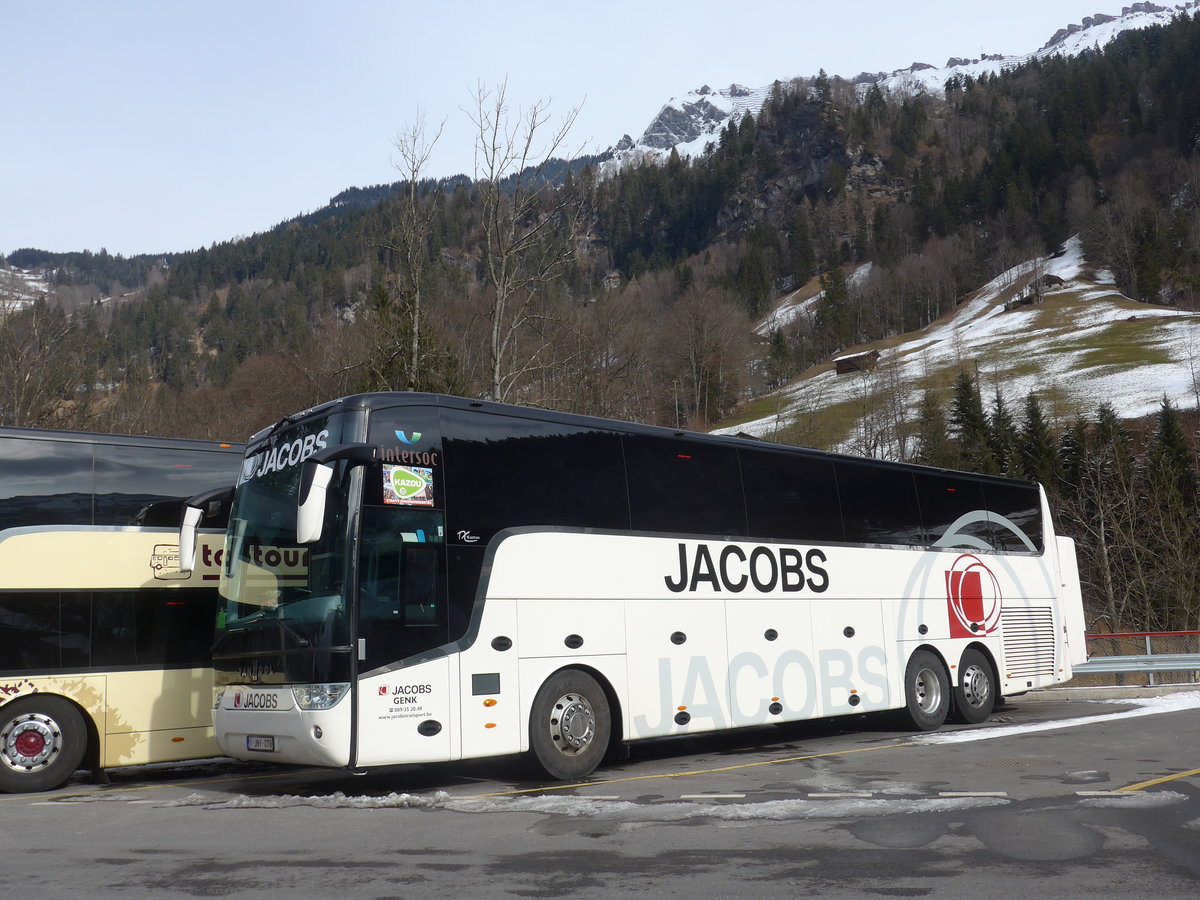 (188'259) - Aus Belgien: Jacobs, Genk - 1-JNY-078 - Van Hool am 5. Februar 2018 in Interlaken, Parkhaus