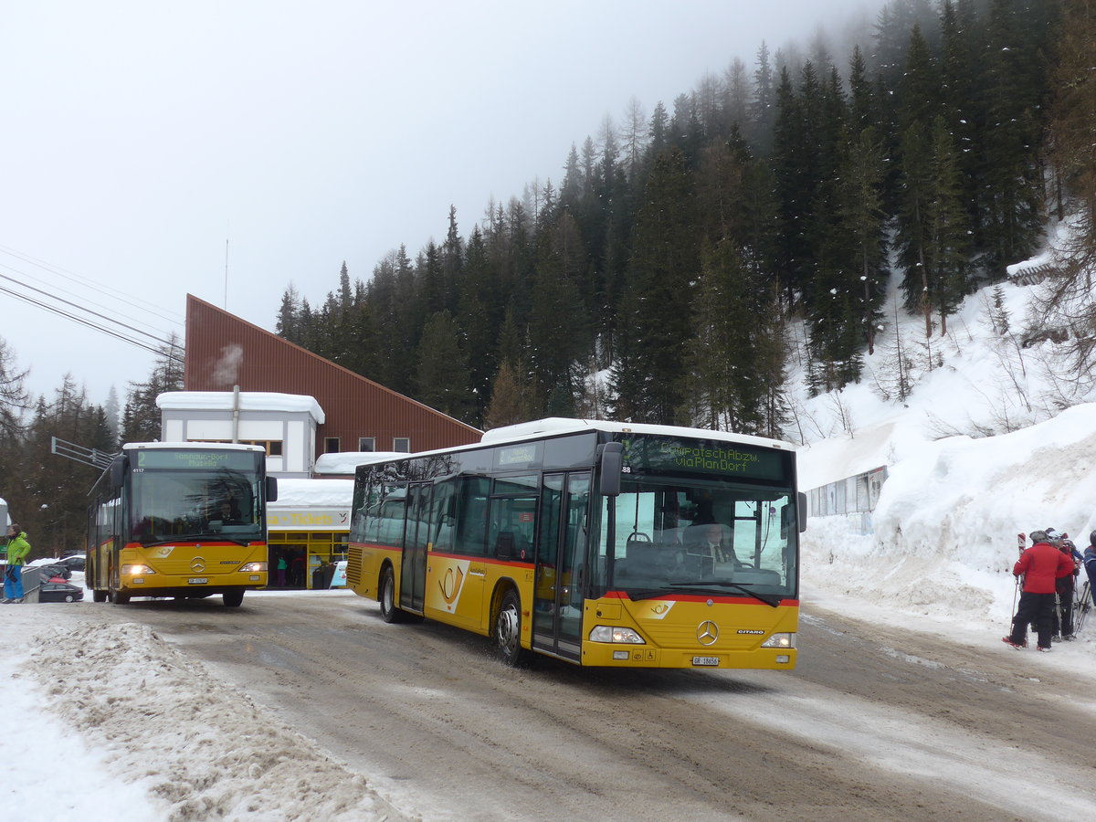 (188'787) - Jenal, Samnaun - GR 76'494 - Mercedes (ex PostAuto Nordschweiz) + GR 18'656 - Mercedes (ex PostAuto Graubnden) am 16. Februar 2018 in Samnaun, Bergbahnen