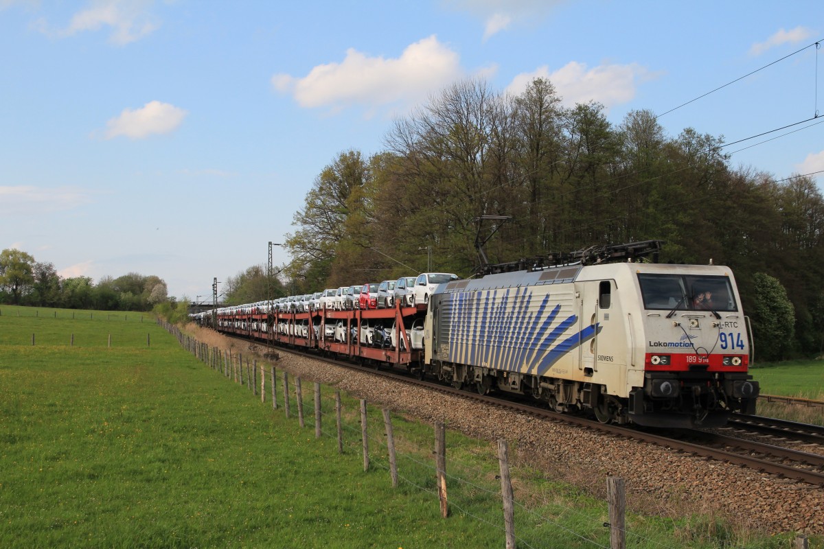 189 914 mit einem Autozug am 14. April 2014 von Mnchen kommend bei Vogl.