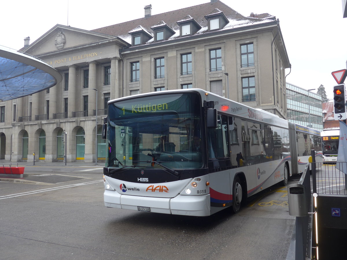 (189'484) - AAR bus+bahn, Aarau - Nr. 168/AG 374'168 - Scania/Hess am 19. Mrz 2018 beim Bahnhof Aarau