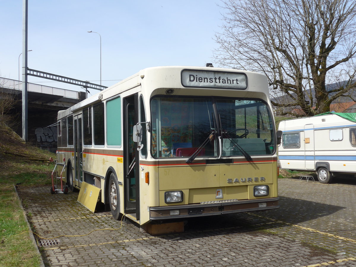 (189'943) - ??? - Saurer/R&J (ex STI Thun Nr. 57) am 2. April 2018 in Delmont, Von Roll