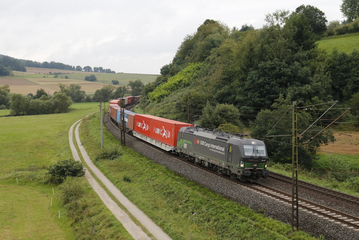 193 209 mit einem Containerzug im Haunetal bei Hermannspiegel. Aufgenommen am 10. August 2017.