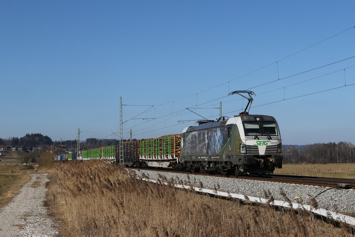 193 218  Beethoven  war am 28. Februar 2021 mit einem Holzzug bei Bernau am Chiemsee in Richtung Salzburg unterwegs.