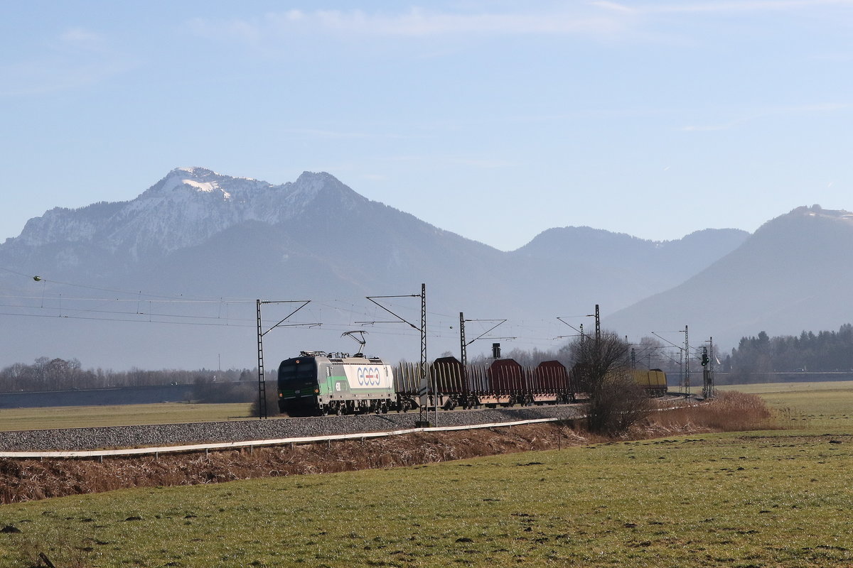 193 225 mit einem  Rungenwagenzug  aus Salzburg kommend am 12. Januar 2020 bei Bernau am Chiemsee.