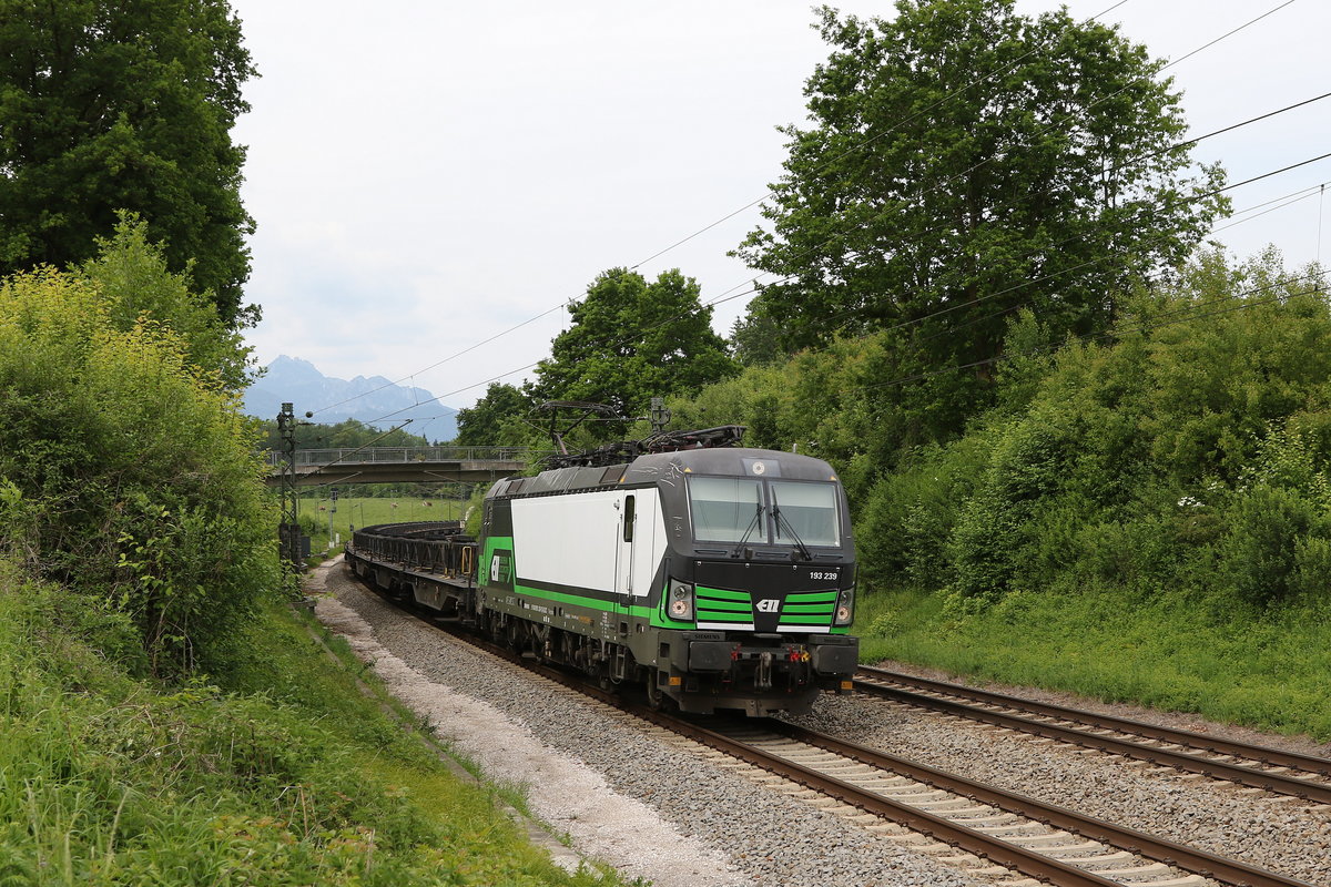 193 239 mit einem Flachenwagenzug aus Mnchen kommend am 22. Mai 2020 bei Grabensttt.