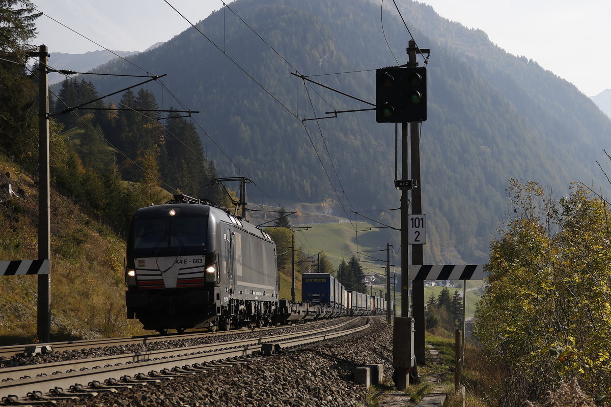 193 663 mit dem  Walter -Zug am 16. Oktober 2018 bei St. Jodok.