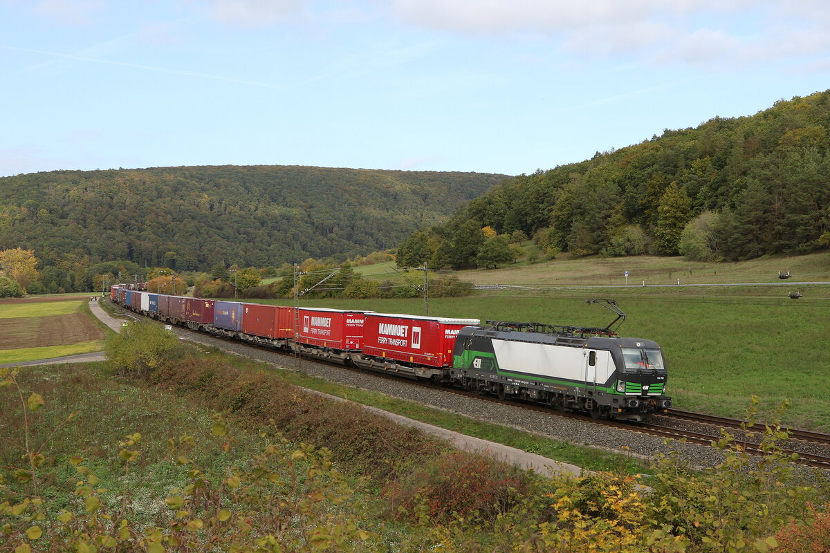 193 758 von  ELL  mit einem Containerzug am 11. August 2022 bei Harrbach am Main.