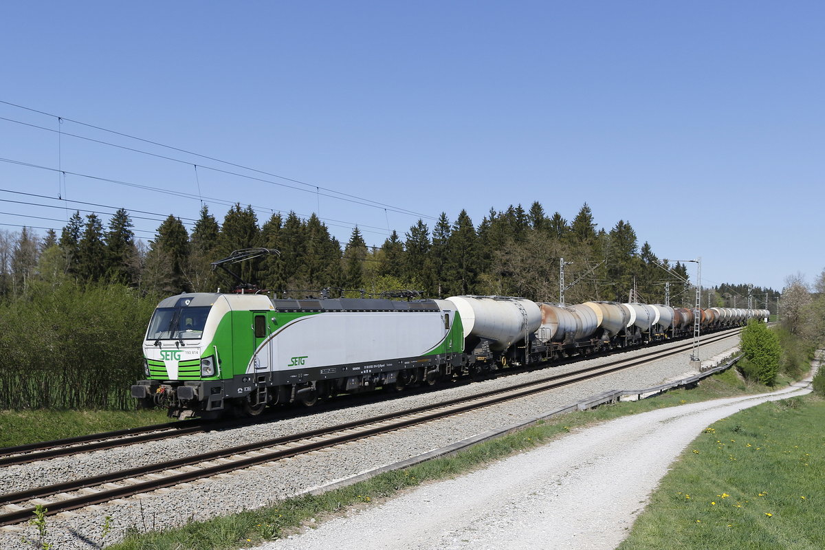 193 814 mit einem Kreideschlammzug aus Salzburg kommend am 21. April 2019 bei Grabensttt.