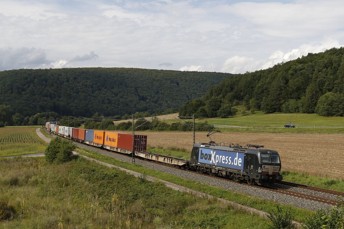 193 850 mit einem Containerzug am 18. August 2017 bei Harrbach im Maintal.