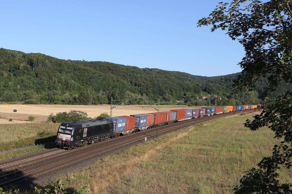 193 873 von  MRCE  mit einem Containerzug aus Gemnden kommend am 6. August 2022 bei Harrbach.