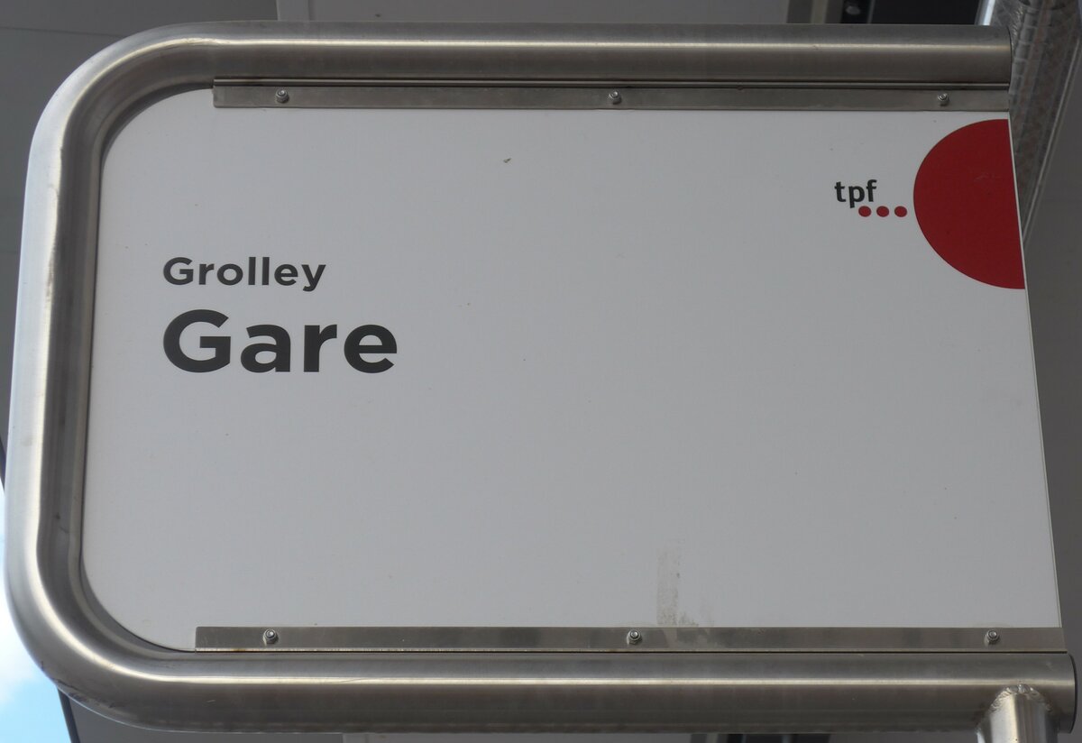 (195'340) - tpf-Haltestellenschild - Grolley, Gare - am 31. Juli 2018