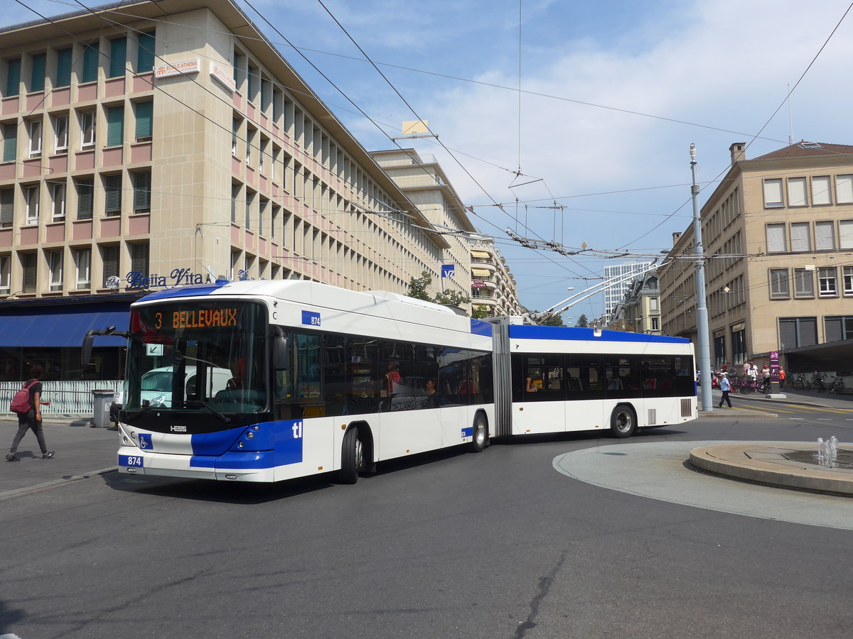 (195'744) - TL Lausanne - Nr. 874 - Hess/Hess Gelenktrolleybus am 6. August 2018 beim Bahnhof Lausanne