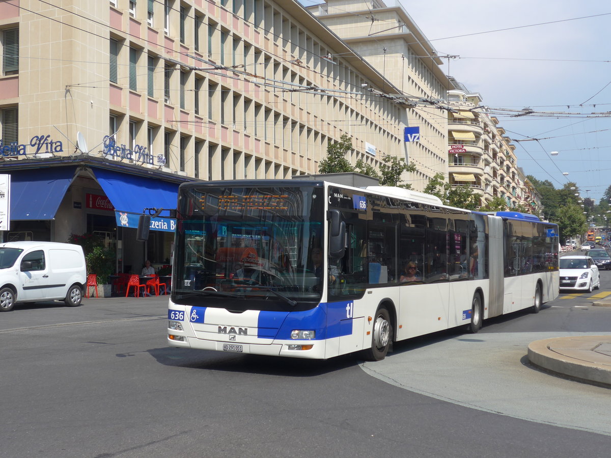 (195'753) - TL Lausanne - Nr. 636/VD 291'051 - MAN am 6. August 2018 beim Bahnhof Lausanne