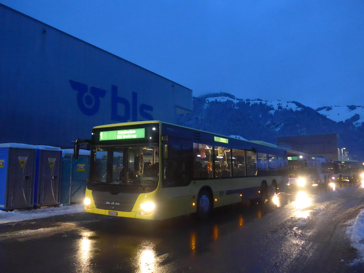 (200'663) - STI Thun - Nr. 150/BE 801'150 - MAN am 12. Januar 2019 beim Bahnhof Frutigen