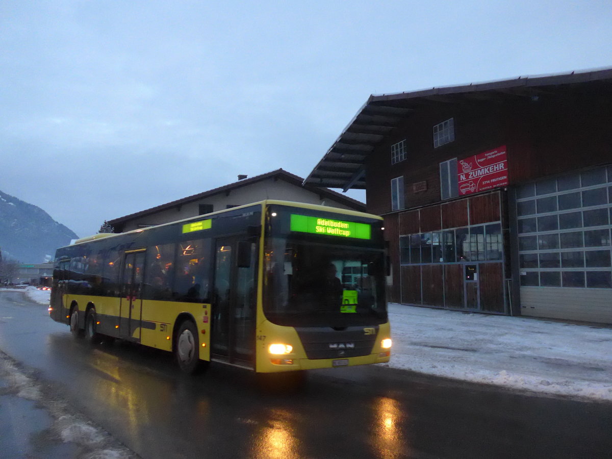 (200'699) - STI Thun - Nr. 147/BE 801'147 - MAN am 12. Januar 2019 beim Bahnhof Frutigen