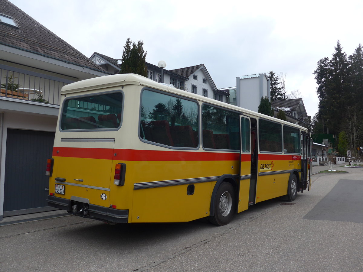 (203'482) - Krummenacher, Zillis - Nr. 74/BE 243'579 - Saurer/R&J (ex AVG Meiringen Nr. 74; ex PostAuto Berner Oberland; ex P 24'357) am 7. April 2019 in Emmenmatt, Moosegg