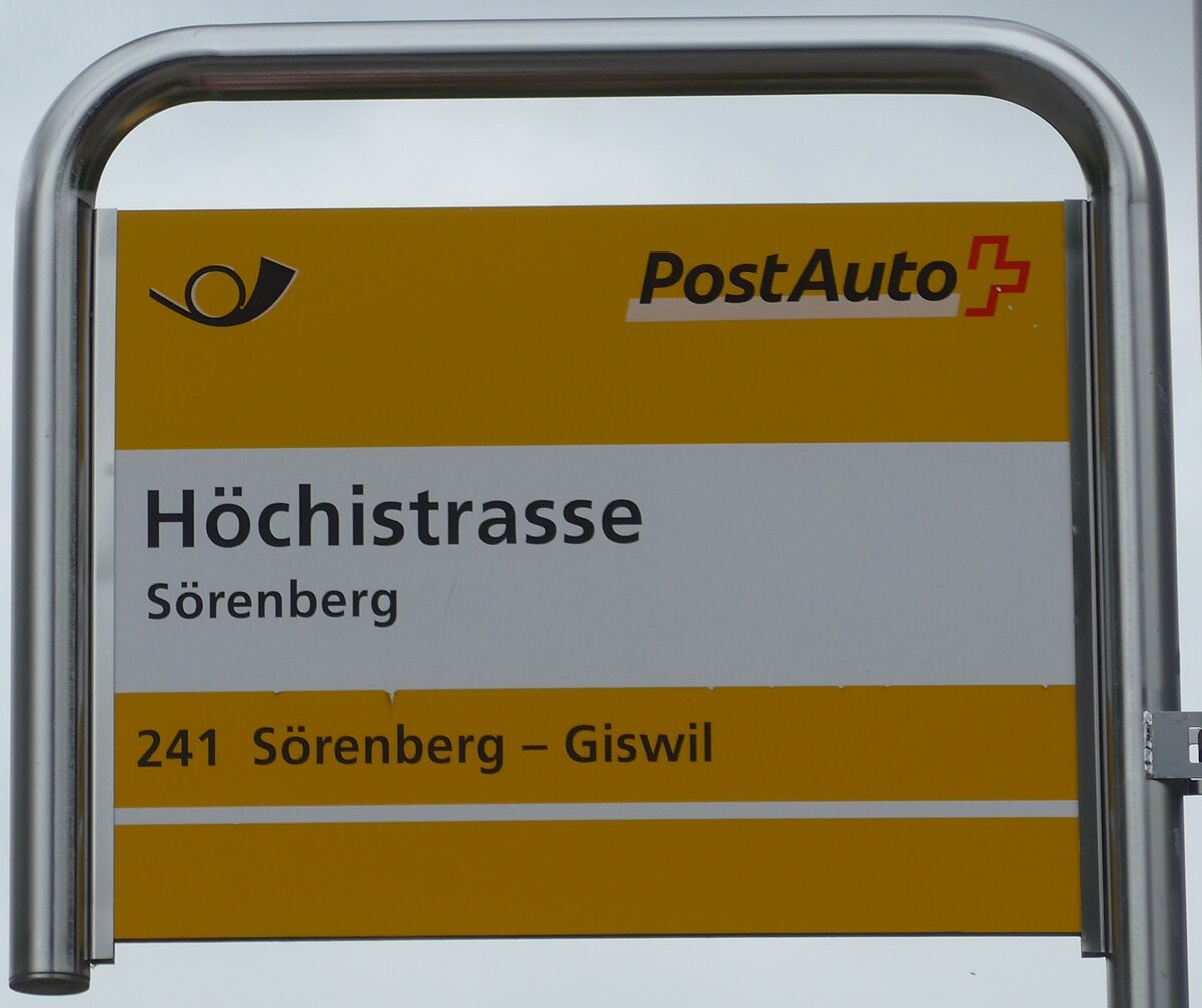 (205'547) - PostAuto-Haltestellenschild - Srenberg, Hchistrasse - am 27. Mai 2019